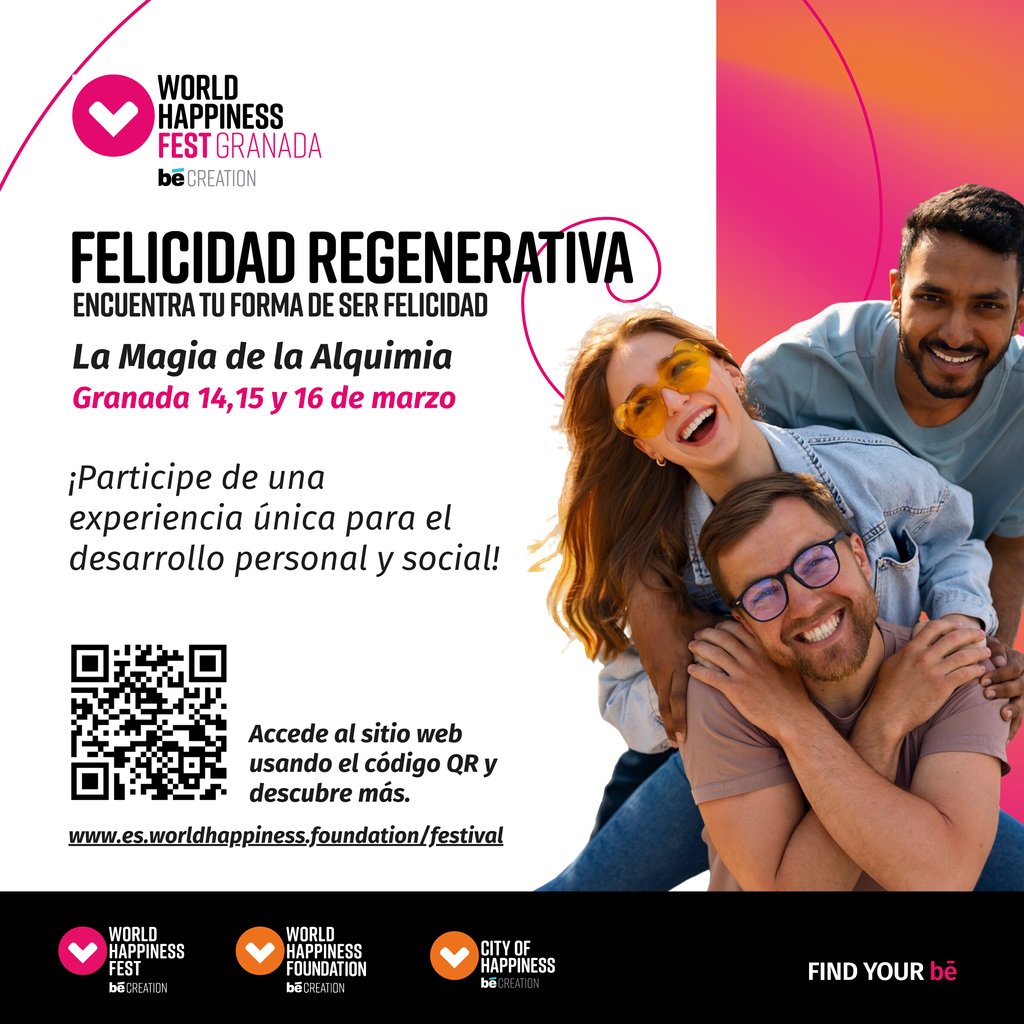 Take part in the World Happiness Fest in Granada, Spain.
Granada is waiting for us to live an unforgettable experience!
See you at the festival on March 14th, 15th and 16th!

Find out more at:  l8r.it/J1g7
