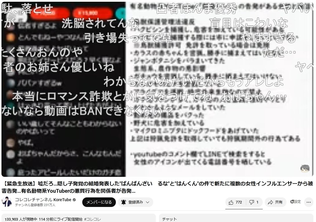 KoreMaxViewers's tweet photo. 【YTLメイン】【緊急生放送】嘘だろ…隠し子発覚の結婚発表した"ばんばんざい　るな"と"はんくん"の件で新たに複数の女性インフルエンサーから被害告発…有名動物系YouTuberの悪質行為を関係者が告発…』(2025/02/02 22:31～2:47 https://t.co/orMBRGbnKV)の

最大同接は133,903人でした。
 
#コレコレ https://t.co/vmlaMv1LwF