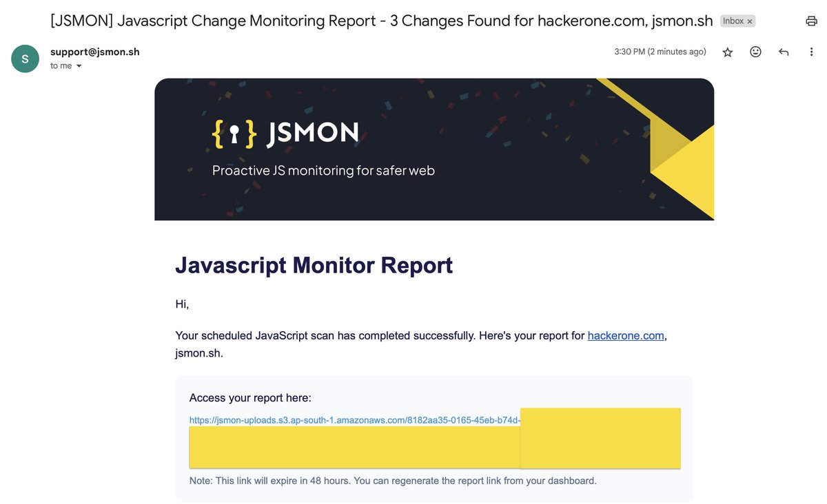 🚀Today onwards, you can monitor 1 domain for JS changes for free at jsmon.sh. It tracks all JS URLs automatically and sends reports via Email, Discord, or Slack. 

We've removed the 1-week limit on the free plan—you can now monitor 1 domain indefinitely. The free
