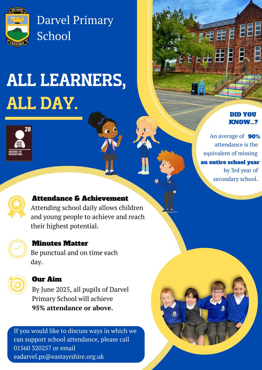 ￼🏫ALL LEARNERS, ALL DAY￼ 🏫

Attending school is important for our children and young people to achieve and reach their highest potential. By June 2025, we aim for all pupils in Darvel Primary School to achieve 95% attendance or more.

#MinutesMatter
#AttendanceAndAchievement