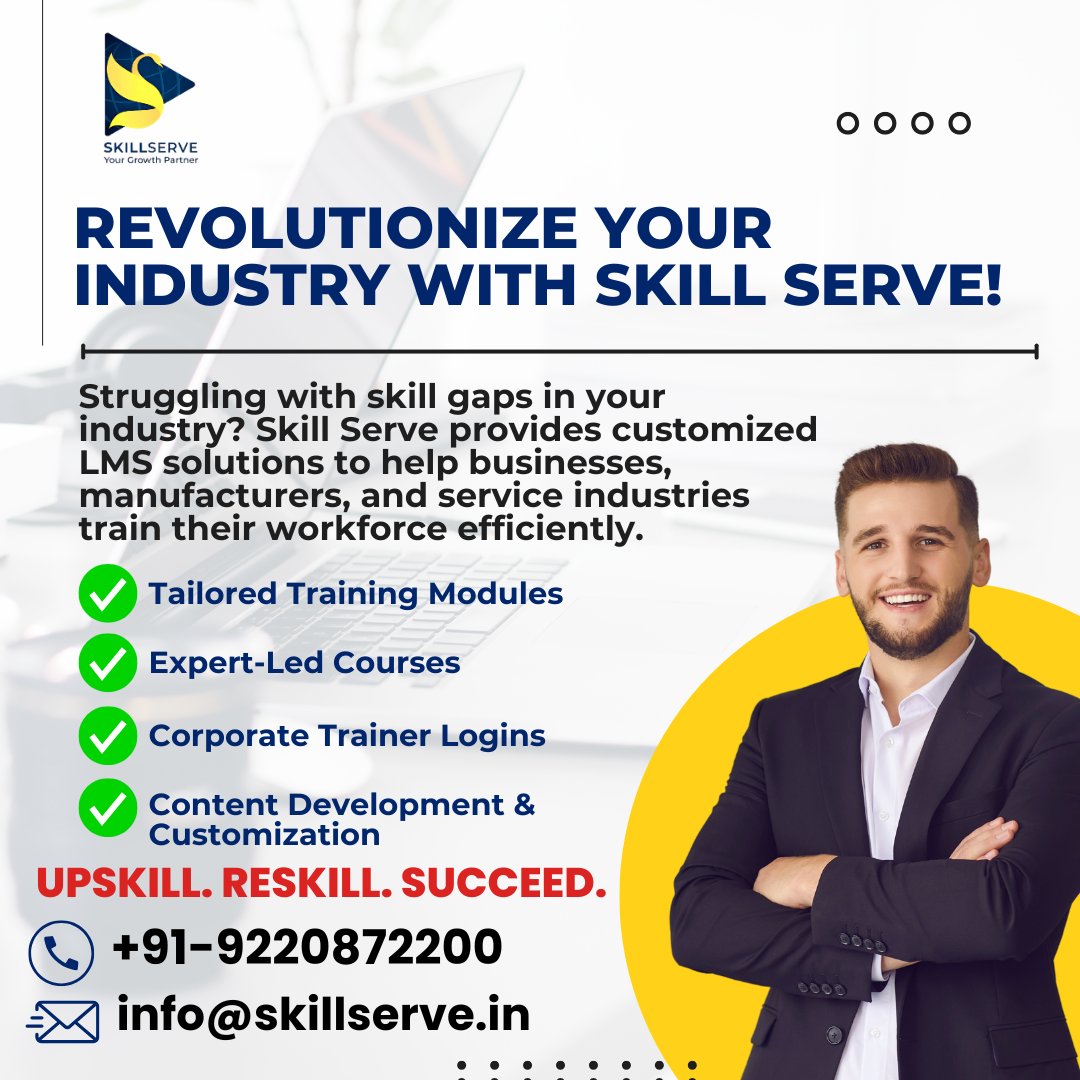 serve_skill's tweet photo. Struggling with skill gaps in your industry? Skill Serve provides customized LMS solutions to help businesses, manufacturers, and service industries train their workforce efficiently.

#SkillServe #IndustrySolutions #LMS #CorporateTraining #WorkforceDevelopment #Upskilling https://t.co/0nArsQyvof
