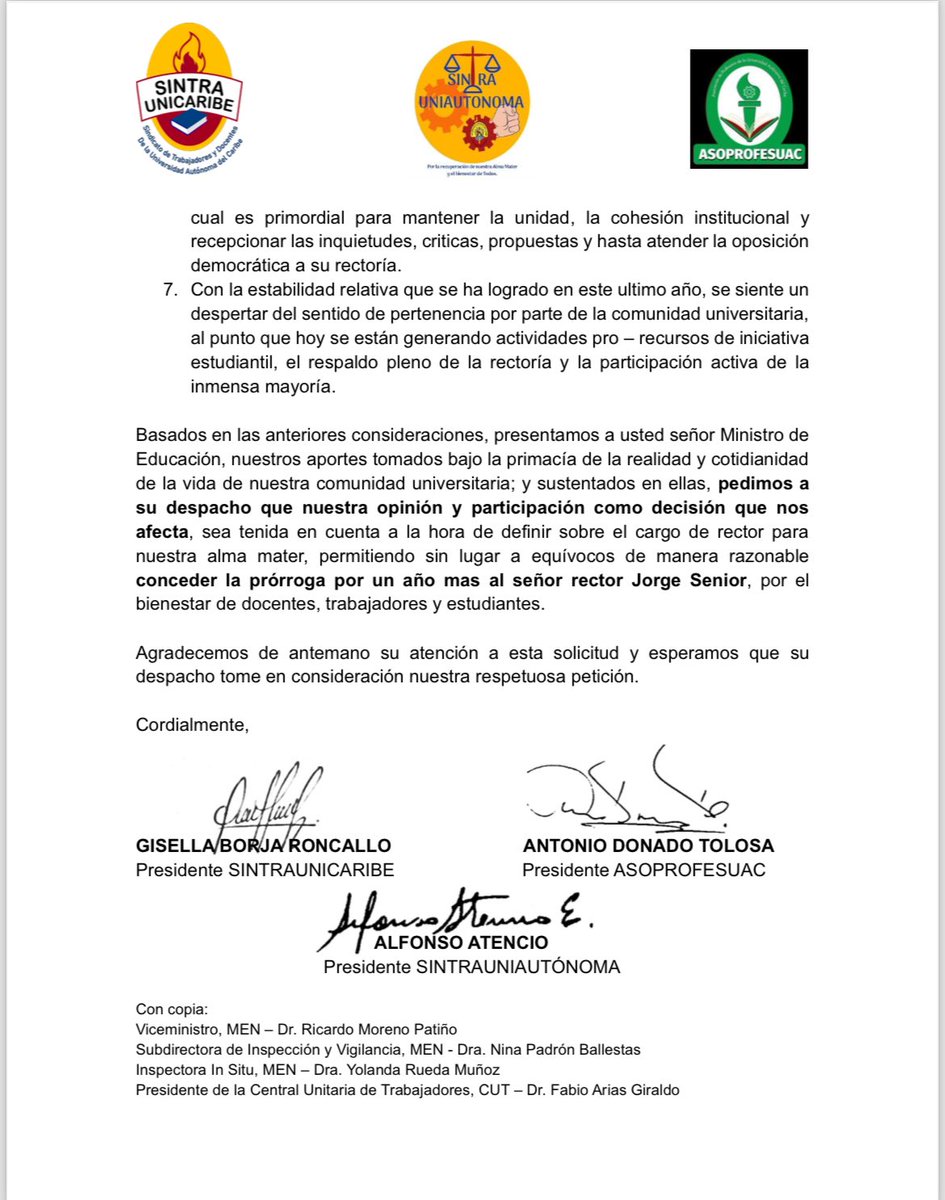 El sindicato mayoritario de la <a href="/UAutonoma/">Universidad Autónoma del Caribe</a> SINTRAUNICARIBE junto a ASOPROFESUAC Y SINTRAUNIAUTONOMA solicitan la continuidad de <a href="/JorgeSeniorUac/">Jorge Senior UAC</a> al <a href="/Mineducacion/">MinEducación</a> <a href="/DanielRMed/">Daniel Rojas Medellin</a> <a href="/ricardomorenoII/">Ricardo Moreno Patiño</a> <a href="/petrogustavo/">Gustavo Petro</a>