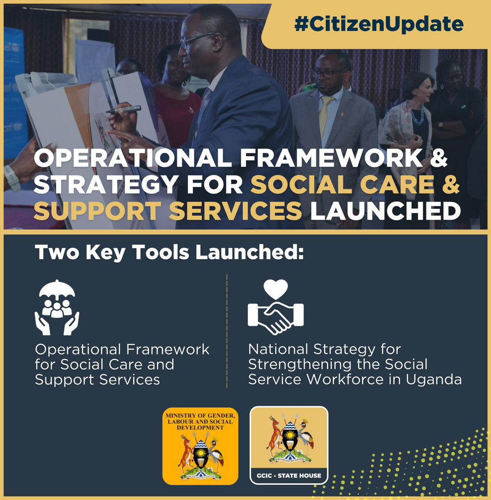 GCIC_SocialDevt's tweet photo. 📢@Mglsd_UG launched 2 key tools to strengthen social protection in Uganda: 

1️⃣ Operational Framework for Social Care and Support Services 📈
2️⃣ National Strategy for Strengthening the Social Service Workforce 👥

Empowering social protection for all Ugandans!🇺🇬 #UgCitizenUpdate https://t.co/l9D5hMOM7b