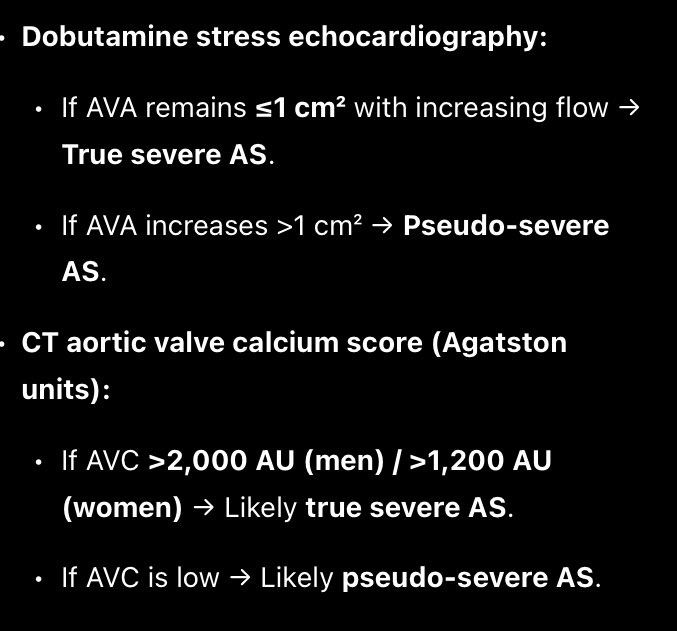 Saw a pt with Aortic valve calcium (Agatston unit) report
IDK why it was advised
It has very specific indications

Criteria for SEVERE AS -
AVA &lt;1 cm²
Mean gradient &gt;40 (depends on AV flow)

In HFrEF or severe MR - ⬇️Flow leading to ⬇️Mean grad (&lt;40)
discordant finding - do AVC