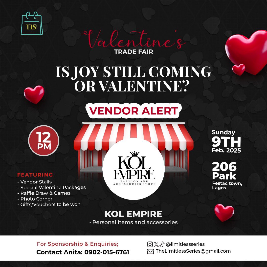 Vendors are ready to serve you on Sunday, 9th of February. 

📍- 206 Park, Festac town 
⏰- 12:00pm 

Join us for a fun time! 🚀 

#TheLimitlessSeries #TLSValentine #Festac #FestacTownEvents #ShopWithLove #LagosEvents #FestacTown #Valentine #ValentineGiftIdea #Valentines