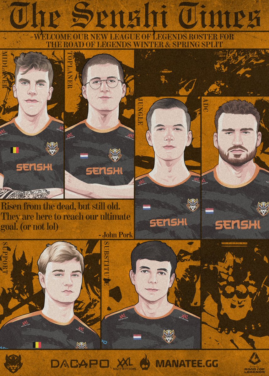 [#LoL] ROSTER ANNOUNCEMENT🚨

With great excitement we can announce our new Leauge of Legends roster for the TransIP <a href="/RoadOfLegends/">TransIP Road Of Legends</a> ERL1 with some familiar faces🤩

Top: Barrage
Jungle: <a href="/Joekielol/">Joekie</a>
Mid: <a href="/Phoenixowo/">Maarten</a> 
Bot: <a href="/Aszalol/">Patrick Jacobs</a> 
Support: Anthrax
Sub: <a href="/NightmaresLoL/">Nightmares</a>