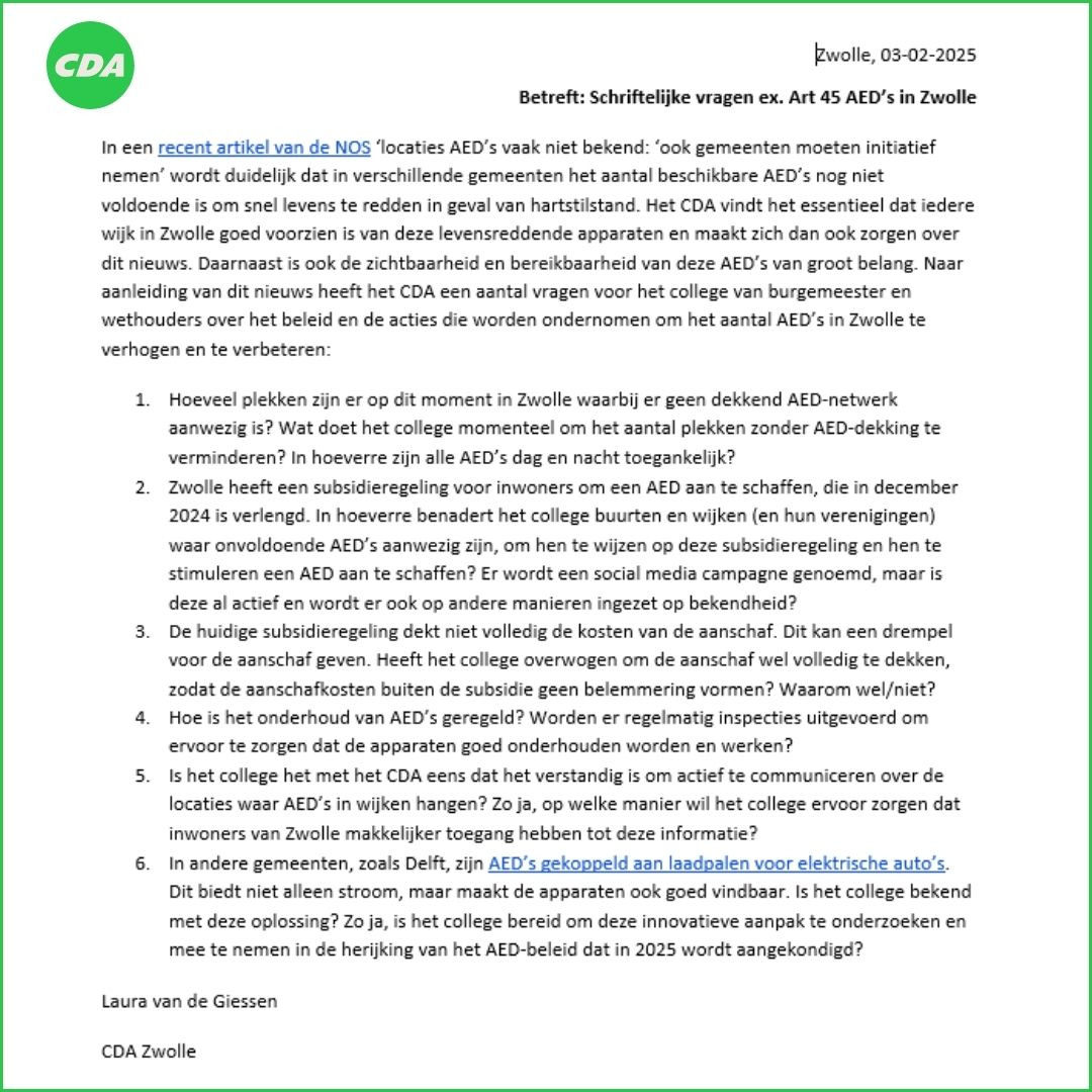 CDAZwolle's tweet image. Uit een recent NOS-artikel blijkt dat veel gemeenten niet genoeg AED’s hebben om levens snel te redden bij een #hartstilstand. CDA Zwolle maakt zich zorgen over de dekking, zichtbaarheid en toegankelijkheid van AED’s in Zwolle en heeft hierover vragen gesteld aan het college