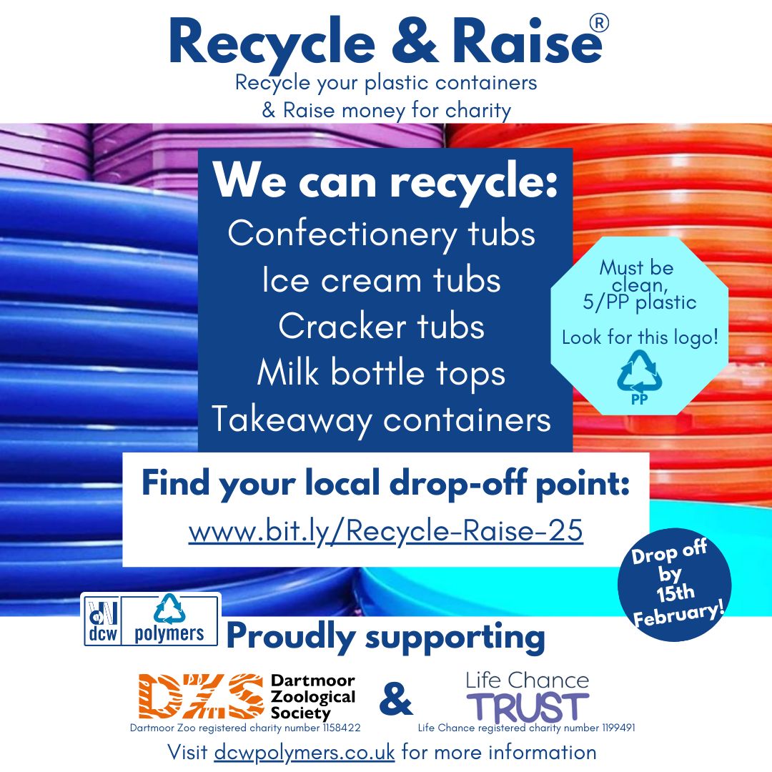 There's just under 2 weeks to donate your plastics to your local drop-off point so we can recycle them &amp; raise money for Dartmoor Zoo &amp; Life Chance Trust!

Find your nearest drop-off point:
📍 bit.ly/Recycle-Raise-…

Learn more about the scheme here: buff.ly/41GrTS4