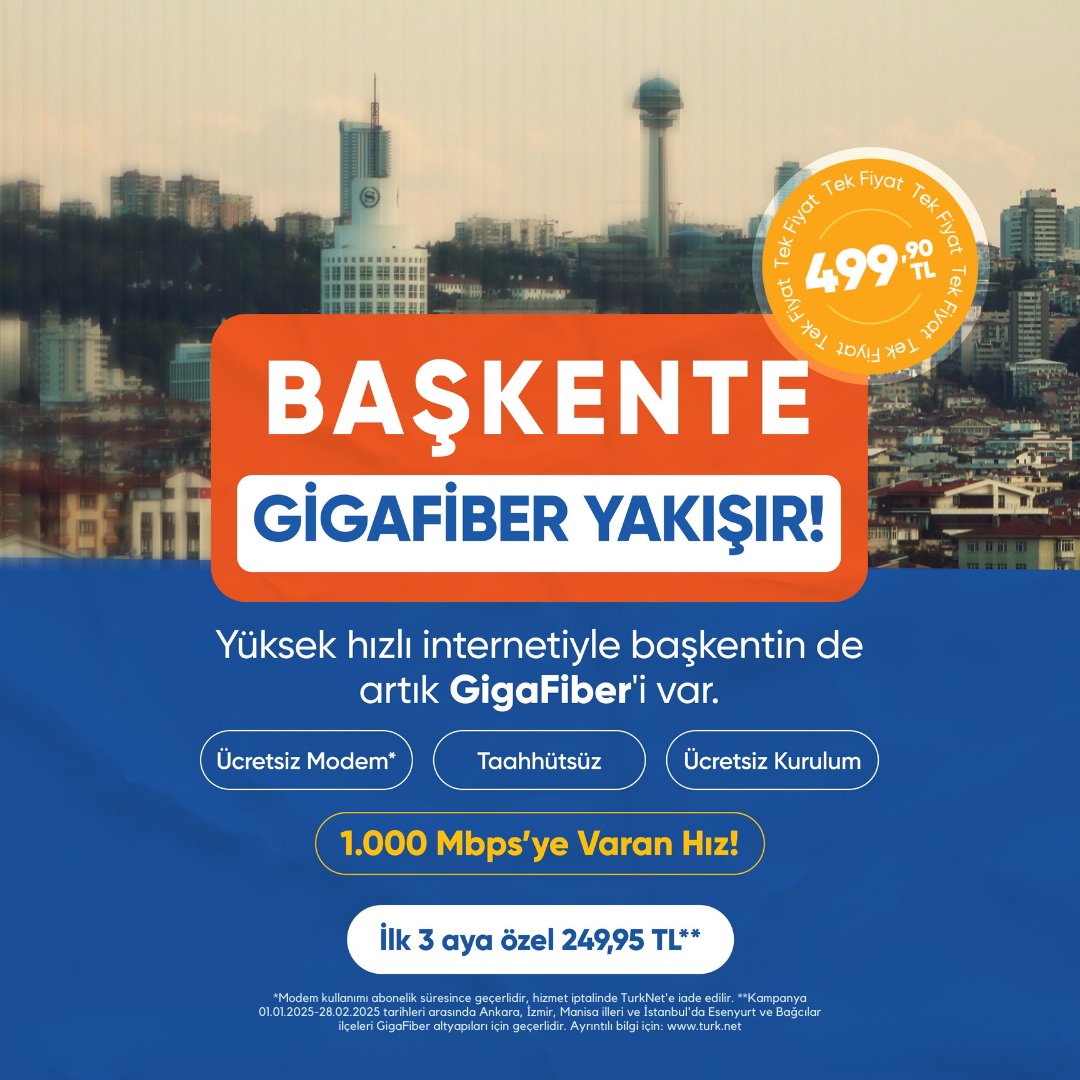 Turknet's tweet photo. Ankara 1.000 Mbps’ye varan #GigaFiber hızında. 🚀 https://t.co/3eGiUIdGf2