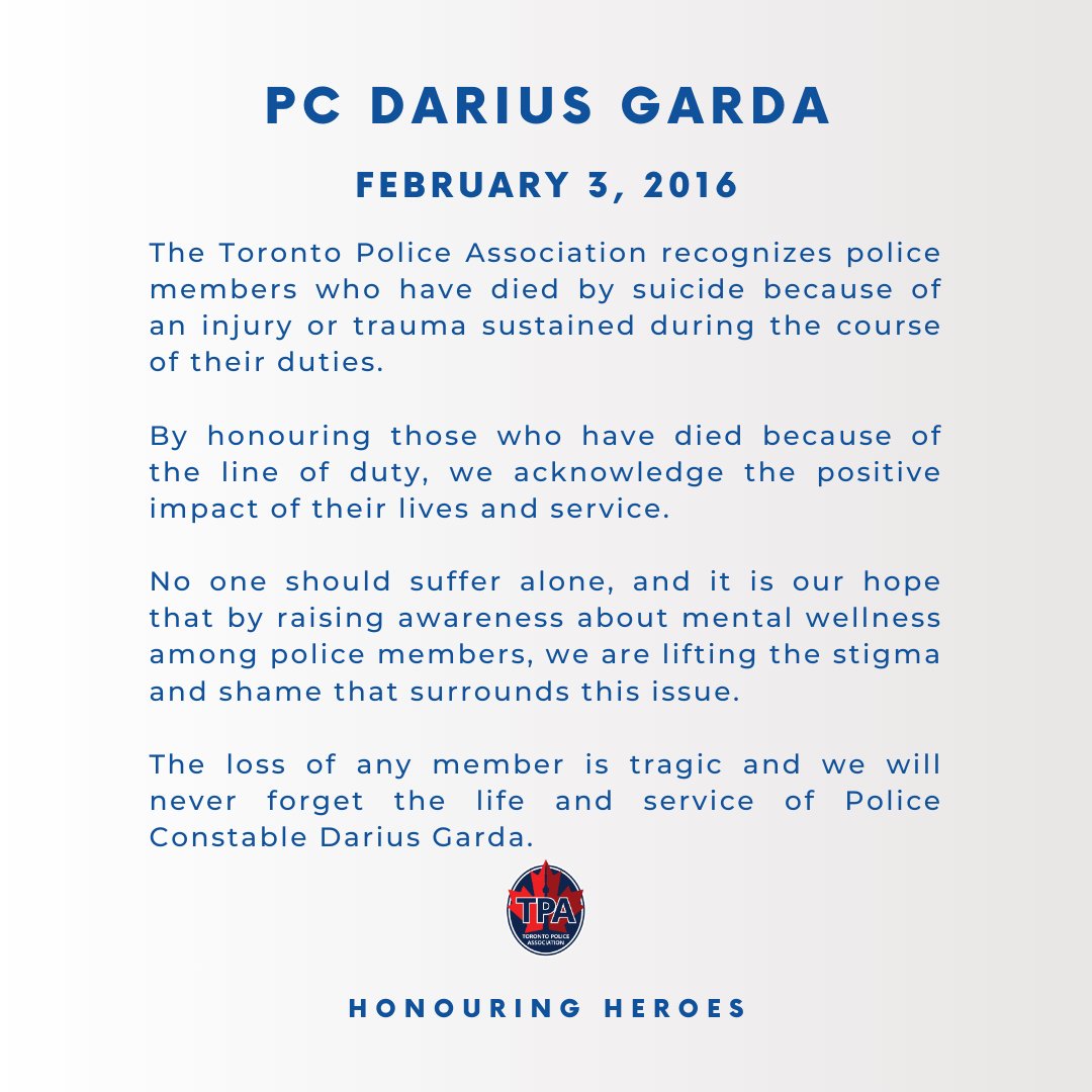 The loss of any member is tragic and we will never forget the life and service of Police Constable Darius Garda. #NeverForget #HonouringHeroes #BecauseOfTheLineOfDuty <a href="/TorontoBTB/">Toronto Beyond the Blue</a> <a href="/CanadaBTB/">Canada Beyond The Blue</a>
