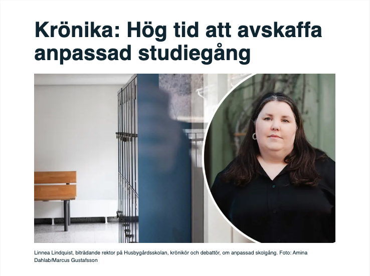 ”Politikerna kommer billigt undan när de lämpar över ansvaret på rektorer och lärare att lösa skolsituationen för de elever som inte klarar av att vistas i skolmiljön”, skriver <a href="/rektor_linnea/">Linnea Lindquist</a>. 

skolledaren.se/aktuellt/nyhet…