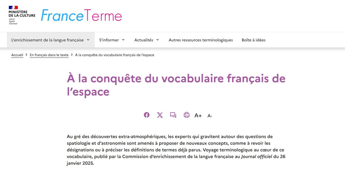 SFT (@sftfr) on Twitter photo 🛰️ Lancement en grappe, astrodéposeur, exolunes… découvrez les nouveaux termes élaborés par les spécialistes de la #spatiologie et de l’#astronomie, parus au JO du 26/01/2025, par #FranceTerme <a href="/MinistereCC/">Ministère de la Culture 🇫🇷</a> 👉 buff.ly/40Y3lpa
📖 Bonne lecture !
#xl8 #traduction #sft 🛰️ Lancement en grappe, astrodéposeur, exolunes… découvrez les nouveaux termes élaborés par les spécialistes de la #spatiologie et de l’#astronomie, parus au JO du 26/01/2025, par #FranceTerme <a href="/MinistereCC/">Ministère de la Culture 🇫🇷</a> 👉 buff.ly/40Y3lpa
📖 Bonne lecture !
#xl8 #traduction #sft
