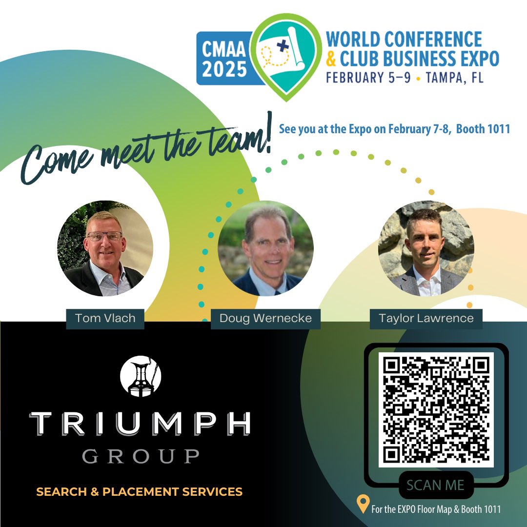 GroupTriumph's tweet photo. The countdown to the conference is on! We canโt wait to meet and connect with you. Be sure to scan the QR Code to locate our booth. See you in Tampa!
#executivesearch #executiveplacement #countryclub #hospitalityindustry #golfcoursecareers #turfmanagement #agronomy #triumphgroup #triumphgroupusa