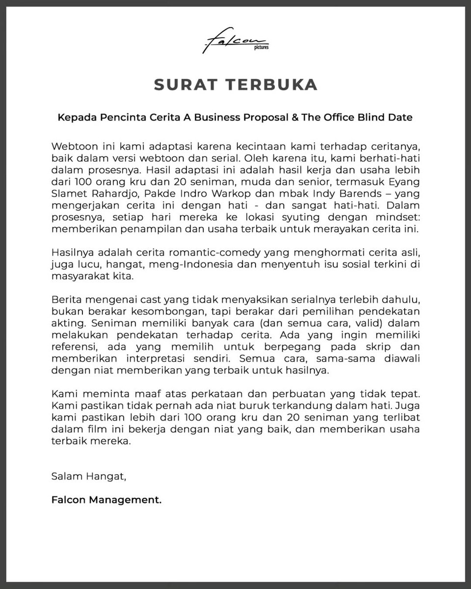 HabisNontonFilm's tweet image. Falcon Pictures bikin surat terbuka soal A BUSINESS PROPOSAL.

Gimana menurutmu?