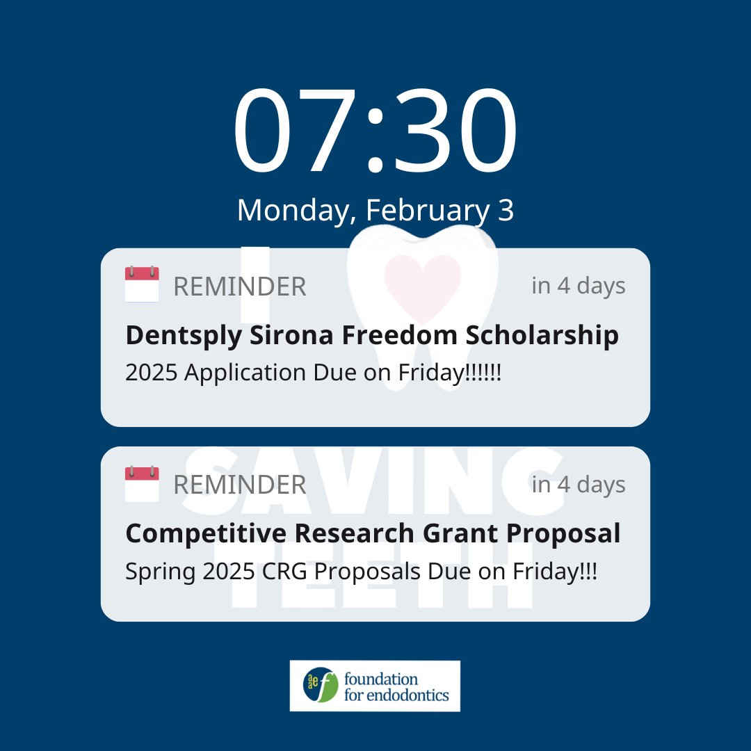 Fnd4Endo's tweet photo. REMINDER!! Dentsply Sirona Freedom Scholarship applications and Competitive Research Grant proposals are due THIS FRIDAY! See the link in our bio to submit your applications today!! https://t.co/T3iQaTnSk0