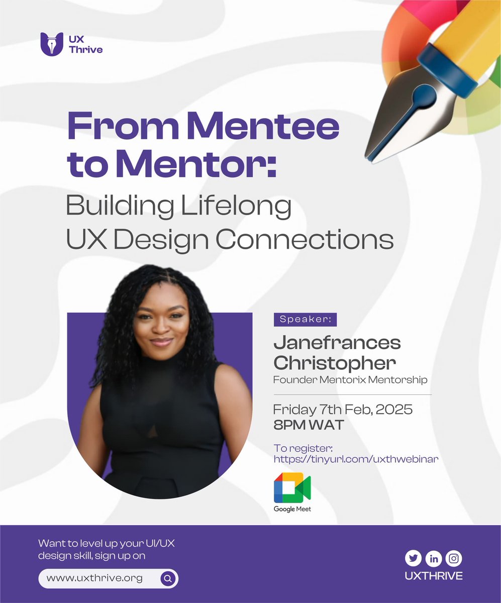 ux_thrive's tweet photo. Every great mentor was once a mentee. @Lady_Frahnses will be speaking at our upcoming webinar.

Hurry up and register now at https://t.co/M77vcw5oMa. 

#uiux #ui #uidesign #uxthrive #uiuxwebinar https://t.co/I6n7L6C9Ln