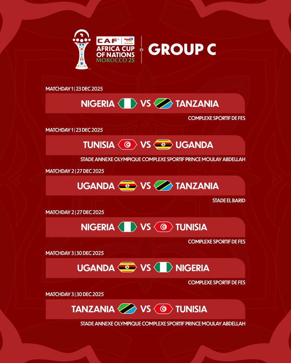 🇳🇬🇹🇳🇺🇬🇹🇿 

Who tops this banger of a Group C at #TotalEnergiesAFCON2025?