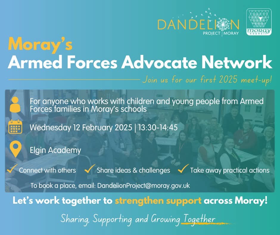 📢 Educators working with children and young people from #ArmedForcesFamilies in Moray

🌱 No matter how many you support, this network is for you.

👉🏽 Connect, share &amp; take away practical ideas.

📩 Can’t attend? Join &amp; stay updated!

📧 DandelionProject@moray.gov.uk  #Education