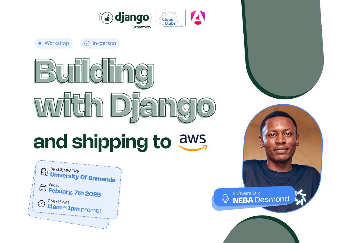 🚀”Building with Django &amp; Shipping to AWS" workshop

Learn to build robust Django applications, deploy seamlessly on AWS, and scale efficiently. Facilitated by <a href="/nebadesmondc/">Neba Desmond</a> .
Bonus: FREE AWS credits for attendees!!🤗

Register here👉👉 bit.ly/uba-django-aws

#djangoCameroon
