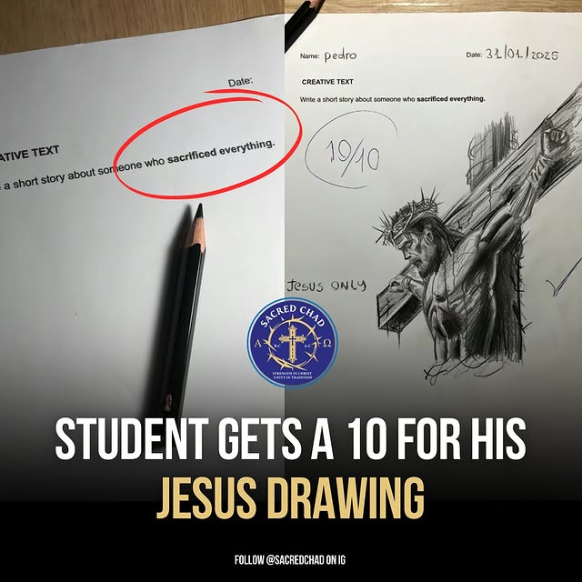 trad_west_'s tweet photo. A student was assigned to “Draw a short story about someone who sacrificed everything.” He drew Jesus. https://t.co/q0GQ65txK3