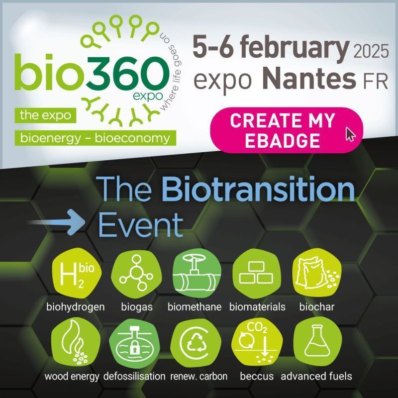 Bio360 2025 : create your e-badge!
Registration is still open for Bio360 2025 !
Where? Nantes, Parc des Expositions (Hall XXL)
When? 5 and 6 February 2025
Reserve your place now by creating your e-badge on our website: 
buff.ly/4fNkFRZ
#Bio360 #Bioenergy #Bioeconomy