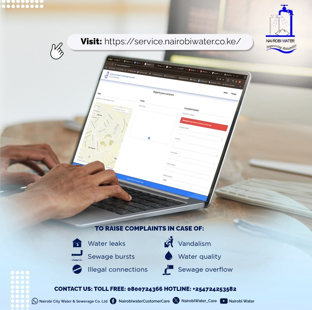 NairobiWater's tweet photo. Help us keep things flowing smoothly! If you spot a leak or burst, don’t wait—use our quick and easy complaints portal to report it. Visit https://t.co/q0MgR12dBX
Your input helps us keep our community safe and efficient. Together, we can make a difference! #ReportLeaks https://t.co/blSmcBuJT8