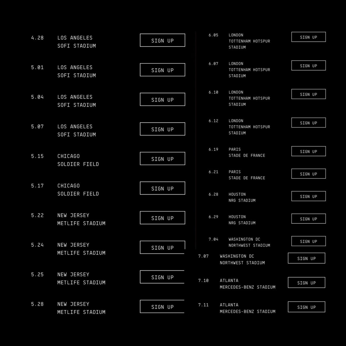 BeyLegion's tweet photo. 22 initial dates on the COWBOY CARTER TOUR. Expect more to be added.

Presale sign-ups NOW. BeyHive presale to begin Feb. 11.

tour.beyonce.come https://t.co/JVg1vDVJZt