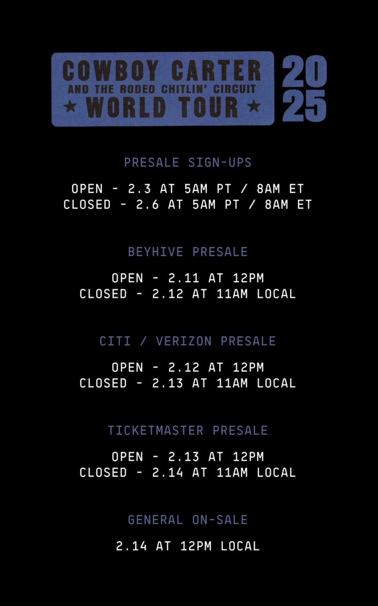 BeyLegion's tweet photo. 22 initial dates on the COWBOY CARTER TOUR. Expect more to be added.

Presale sign-ups NOW. BeyHive presale to begin Feb. 11.

tour.beyonce.come https://t.co/JVg1vDVJZt