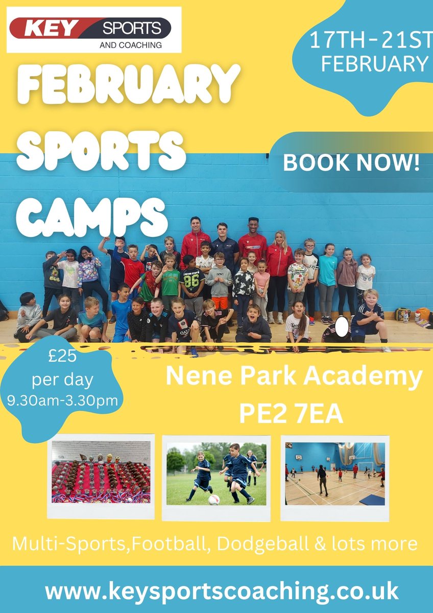 2 weeks to go until our February half term Sports Camps⭐️

📍Held at Nene Park Academy PE2 7EA
📅Mon 17th Feb- Fri 21st Feb
⌚️9.30am-3.30pm early and extra time available
👫For boys and girls aged 4-12.
Lots of sports and games!
🏀🎾🏏🏒⚽️🥅
To book visit keysportscoaching.co.uk