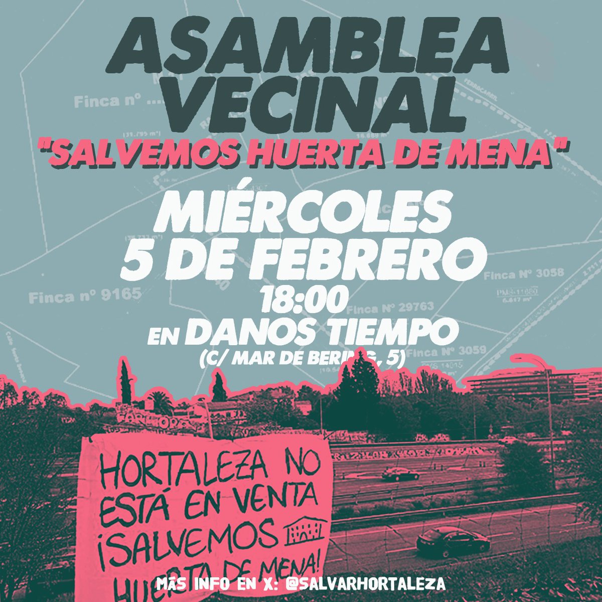 SalvarHortaleza's tweet photo. Seguimos organizándonos para salvar Huerta de Mena, la finca de Los Almendros de Hortaleza, de la especulación inmobiliaria 💪🏼

📍 Nueva asamblea vecinal este miércoles 5 de febrero, a las 18 horas, en el Espacio Danos Tiempo (Calle Mar de Bering, 5)

📣 Difunde y comparte https://t.co/3i8CLCWujb