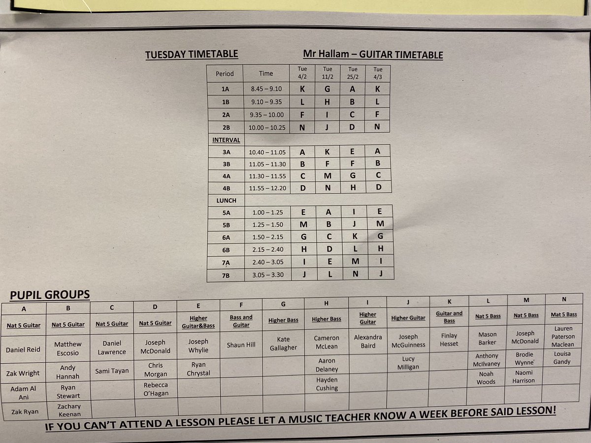 Guitar timetable! Please look to see when your lesson will take place in preparation for your practical exam which is very soon!! <a href="/stninianshigh/">Saint Ninian's</a>