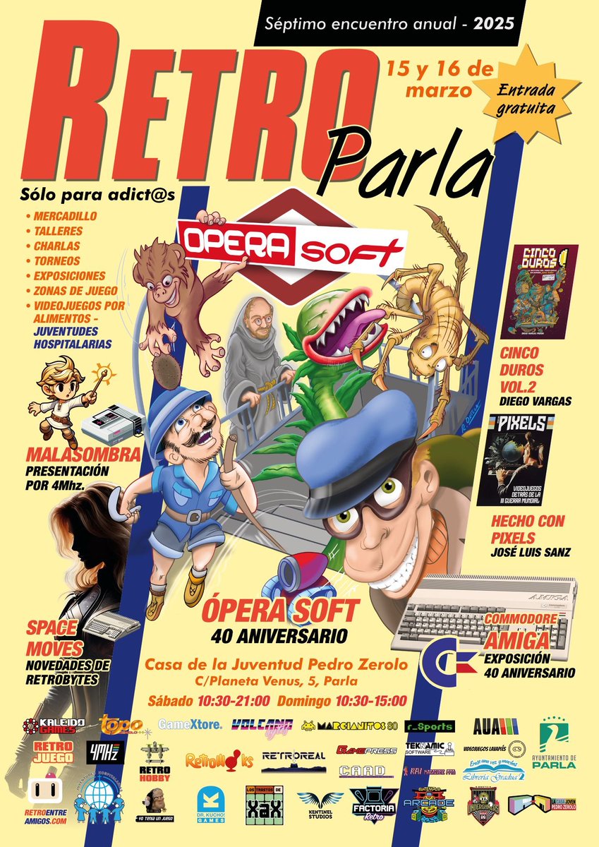 Ya tenemos el cartel para la #RetroParla2025 "Séptimo Encuentro Anual" que como ya sabéis tendrá lugar el tercer fin de semana de marzo, días 15 y 16, en #LaCasa de la <a href="/Juventud_Parla/">Casa Juventud Parla</a>. ¡Estáis todos invitados! Tenéis más info en nuestra web...👇😁