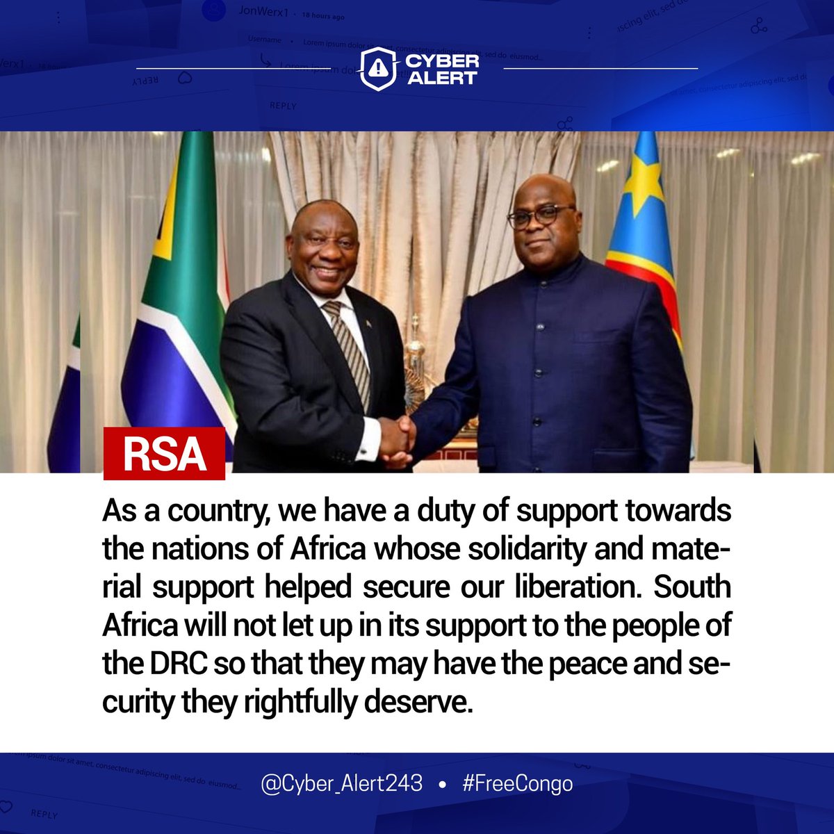 Cyber_Alert243's tweet photo. South Africa pledges to support the Democratic Republic of Congo to ensure peace and security. 

#FreeCongo 
#CyberAlert243 https://t.co/dLENL14Afv