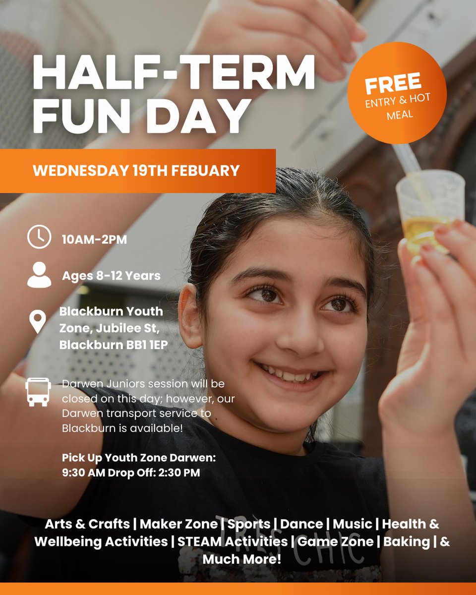 Are you ready for half-term? 👀

Join us at Blackburn Youth Zone on the 19th for a FREE day of fun! Dive into exciting STEAM activities—Science, Tech, Art, Engineering &amp; Math—designed to spark creativity!

See you there! 🧑‍🔬