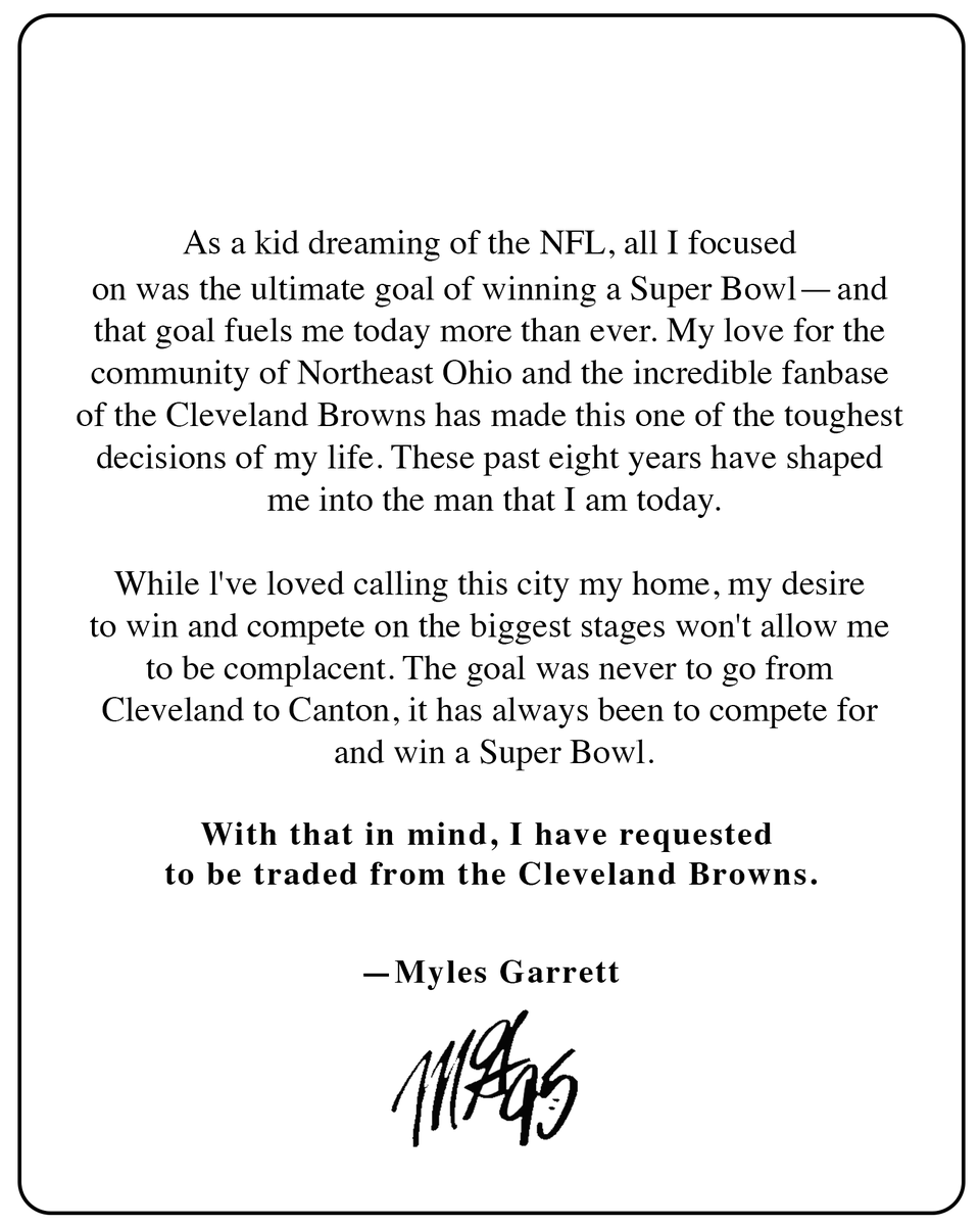 camijustice's tweet photo. #Browns DE Myles Garrett has officially requested a trade from Cleveland https://t.co/x1FXs56yni