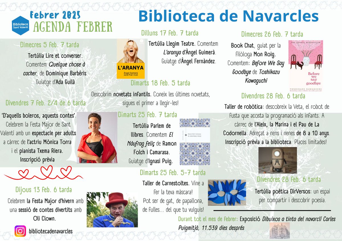 bnavarclessv's tweet photo. Aquest febrer, celebrem la Festa Major d'hivern 🎉 
amb 2 sessions de contes: 1 x grans i 1 x petits
⚠️Alerta les dates Amb inscripció! 
➡️5 Tertúlies literàries
#BookChat 
#LireetConverser 
#DirVersos 
#ParlemdeLlibres 
#LlegimTeatre
➡️ 3 tallers i 1 expo
https://t.co/XDxmJV55I7 https://t.co/sfPXNkEfG8