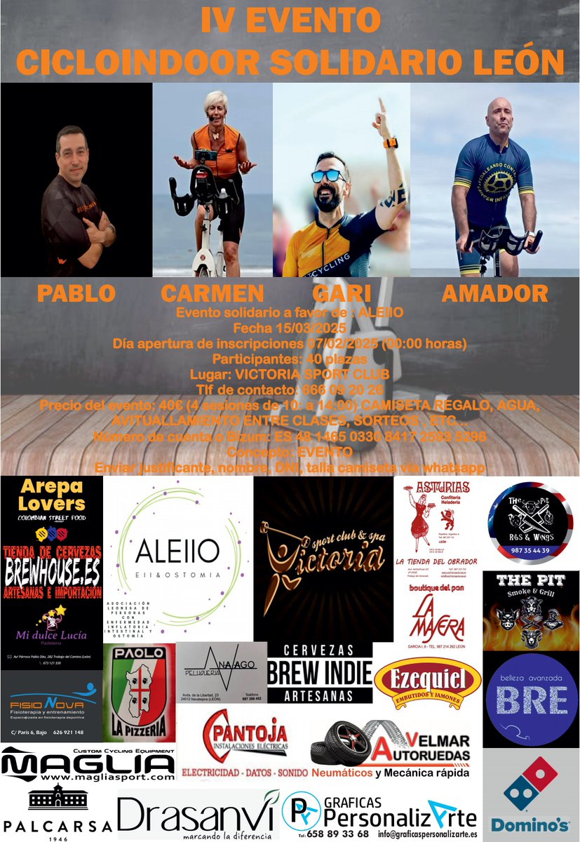 Este sábado estaremos dando visibilidad a las EII y a la Ostomía en:

IV Evento Cicloindoor Solidario León
Este año a favor de ALEIIO
📅15 de marzo 2025
⌚️10:00 horas
📍Victoria Sport Club

Colabora con una buena causa.

#EventoSolidario #EII #Ostomía #Leónesp #Gracias