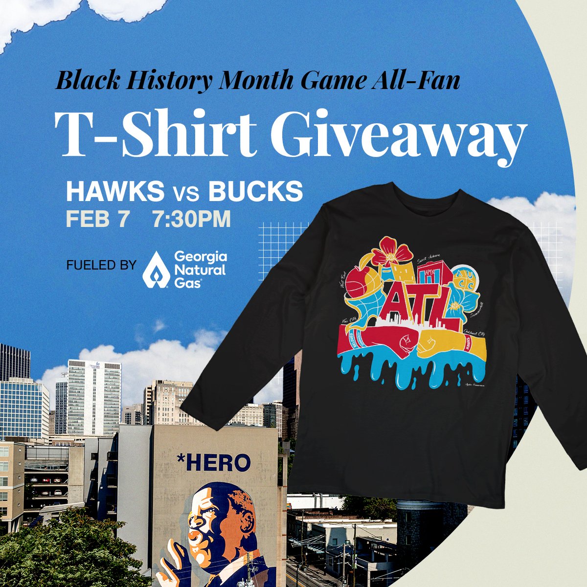 ATLHawks's tweet photo. Join us this Friday for our Black History Month Game Fueled by @GaNaturalGas! 

This night will celebrate Black creators through performances, in-arena programming, and activations that showcase our commitment to honoring the legacy of Black and Brown creatives who play a crucial role in documenting and shaping the narrative of social movements throughout history. All fans in attendance will receive a co-branded t-shirt designed by local Black creative Aysha Pennerman

Learn more: https://t.co/r8Xu1Z99dL