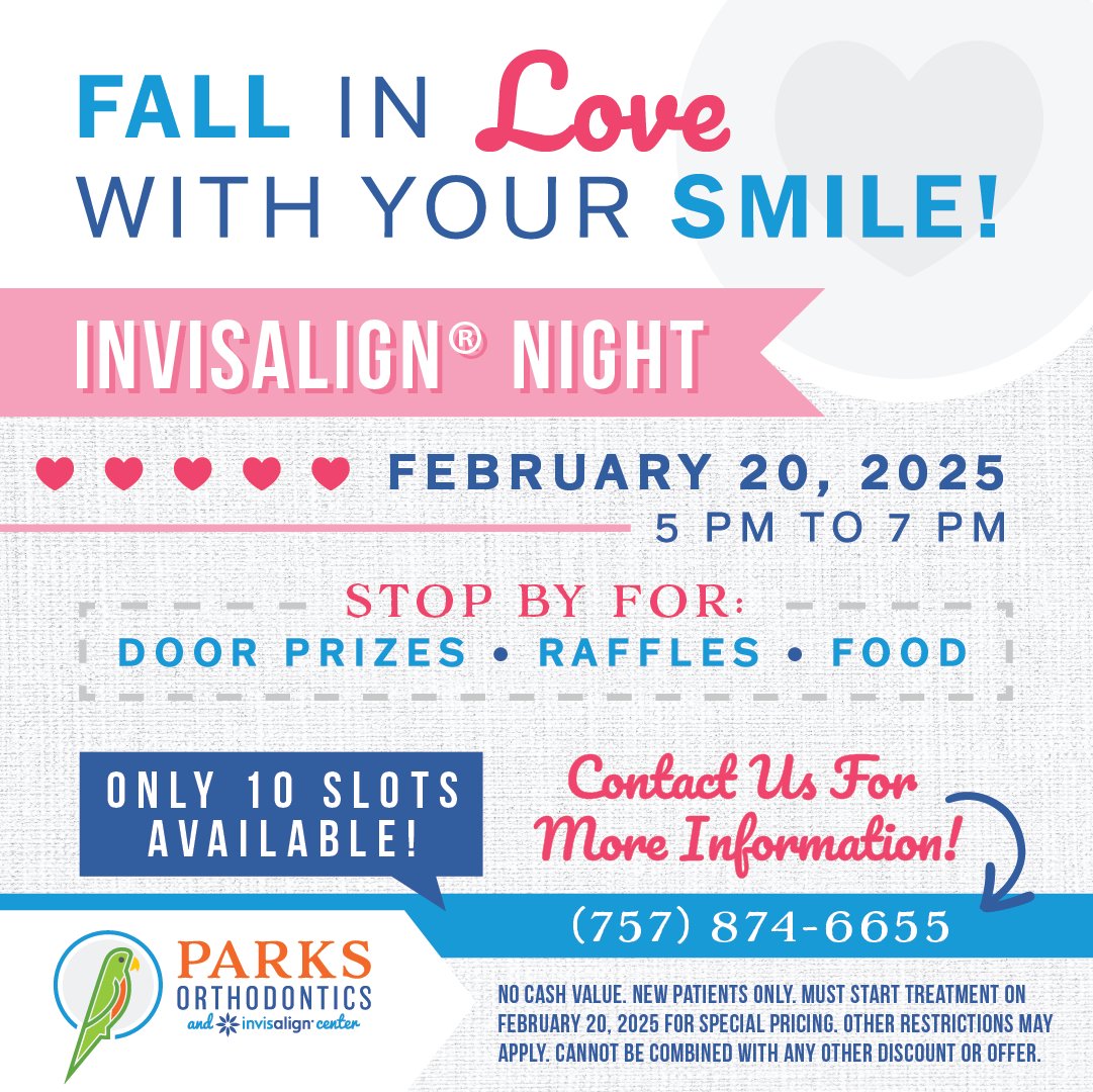 ParksOrtho's tweet image. Parks Orthodontics is excited to announce that we are hosting an Invisalign® Night for all new patients! 😍 Join us on February 20th from 5 PM to 7 PM for fabulous door prizes, raffles and food. 😋

📞 (757) 874-6655

#ParksOrthodontics #InvisalignNight #InvisalignProvider