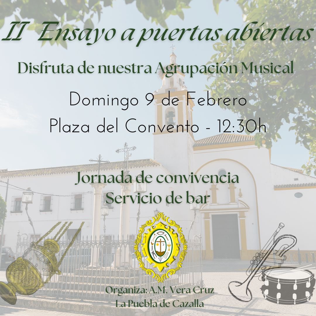 🟢 | 𝐈𝐈 𝐄𝐧𝐬𝐚𝐲𝐨 𝐝𝐞 𝐏𝐮𝐞𝐫𝐭𝐚𝐬 𝐀𝐛𝐢𝐞𝐫𝐭𝐚𝐬

La A.M. del Stmo. Cristo de la VeraCruz te invita al “II Ensayo de Puertas Abiertas”, un evento único donde podrás conocer de cerca nuestra pasión por la música procesional.

Mas info en: facebook.com/share/19YPrZiD…