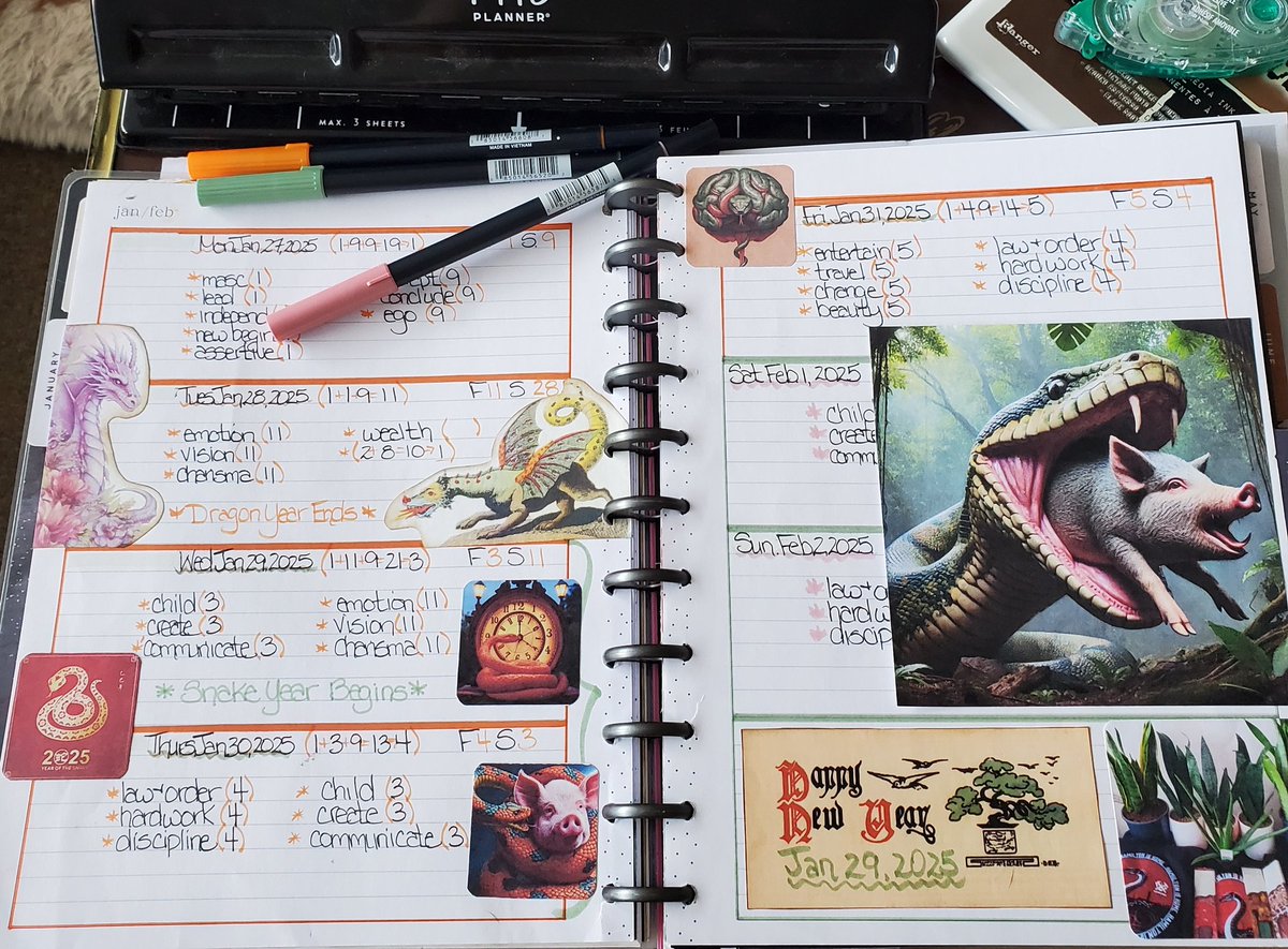 lesmer13's tweet photo. Last week's (Jan27/25 - Feb.2/25) Dragon🐉 -> Snake🐍 New Year 🎉 #weekataglance #GG33 #hommage #GG33andme #planwithles #DCC #digitalcollageclub #happyplanning #ChineseNewYear2025 #lifeofa33 #3energy #5energy #horsevsmatrix https://t.co/yPCf62cYmo