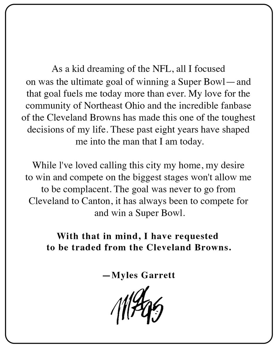 ESPNCleveland's tweet image. Myles Garrett has requested a trade, per @RapSheet.