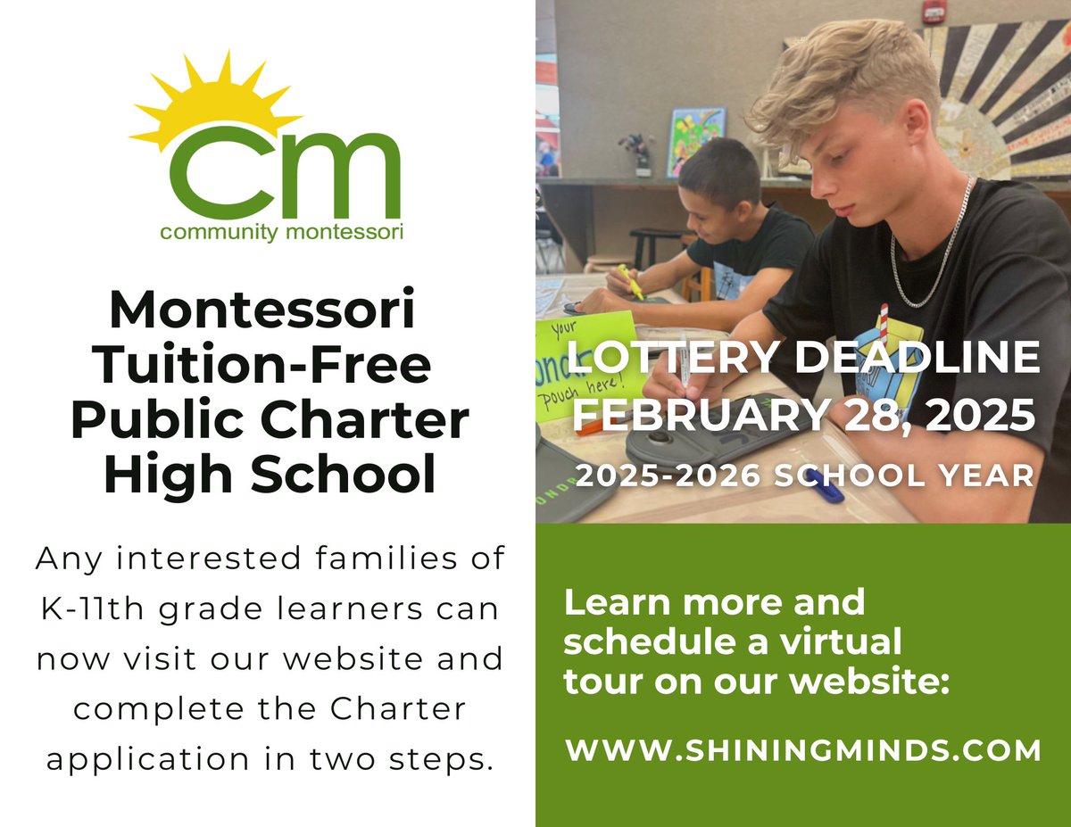 shiningmindsCM's tweet photo. Ready to find the perfect high school for your teen? At Community Montessori, we help students unlock their potential in a meaningful way. New families must apply by February 28 to be included in the lottery:  https://t.co/qPG93QXmKn https://t.co/BN7qIsAhg4