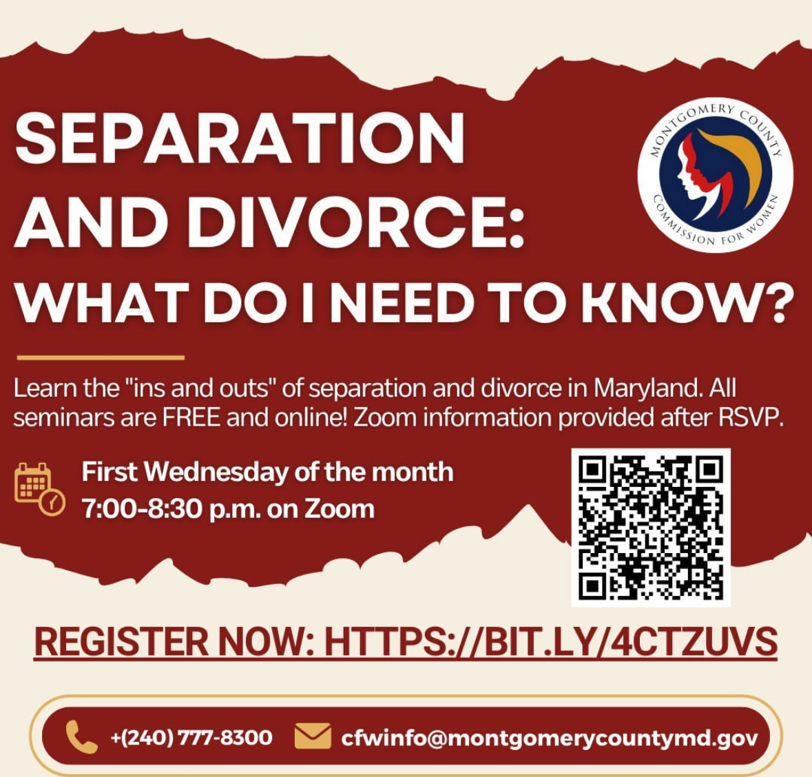 The Montgomery County Commission for Women is offering FREE seminars on separation and divorce in Maryland. Led by experienced attorneys,  topics include:

Filing for divorce
Grounds for divorce
Financial statements

Register: ow.ly/MwAe50UORKq