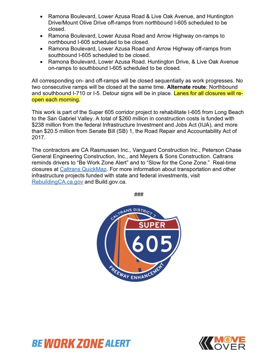 I-605 Lane &amp; Ramp Closures Scheduled from Cerritos to Irwindale