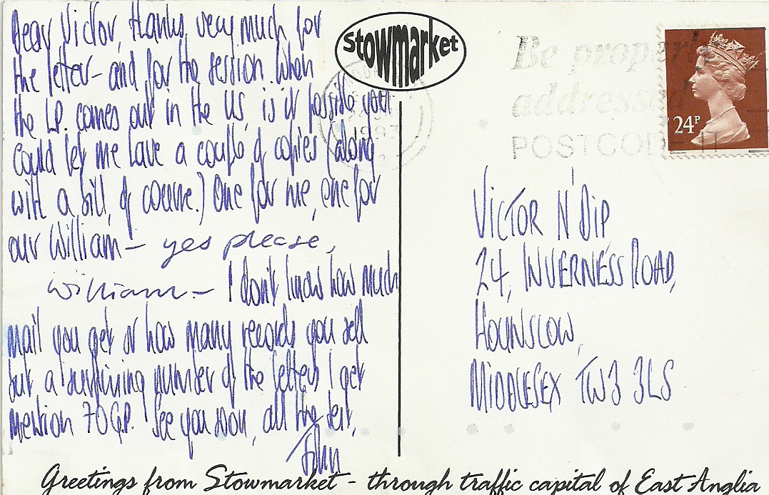 A postcard from John Peel sent to me around 1993 I think (I was Victor N'dip of 70 Gwen Party in those days!) There seems to be a few slightly dodgy individuals trying to gaslight/discredit me at the moment, Ha ha interestingly they are also copying/appropriating my music :) !!!
