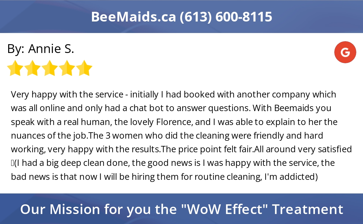 BeemaidsOttawa's tweet photo. 5 Star: Annie S. "Very happy with the service - initially I had booked with another company which..." https://t.co/FqohJwO6m5