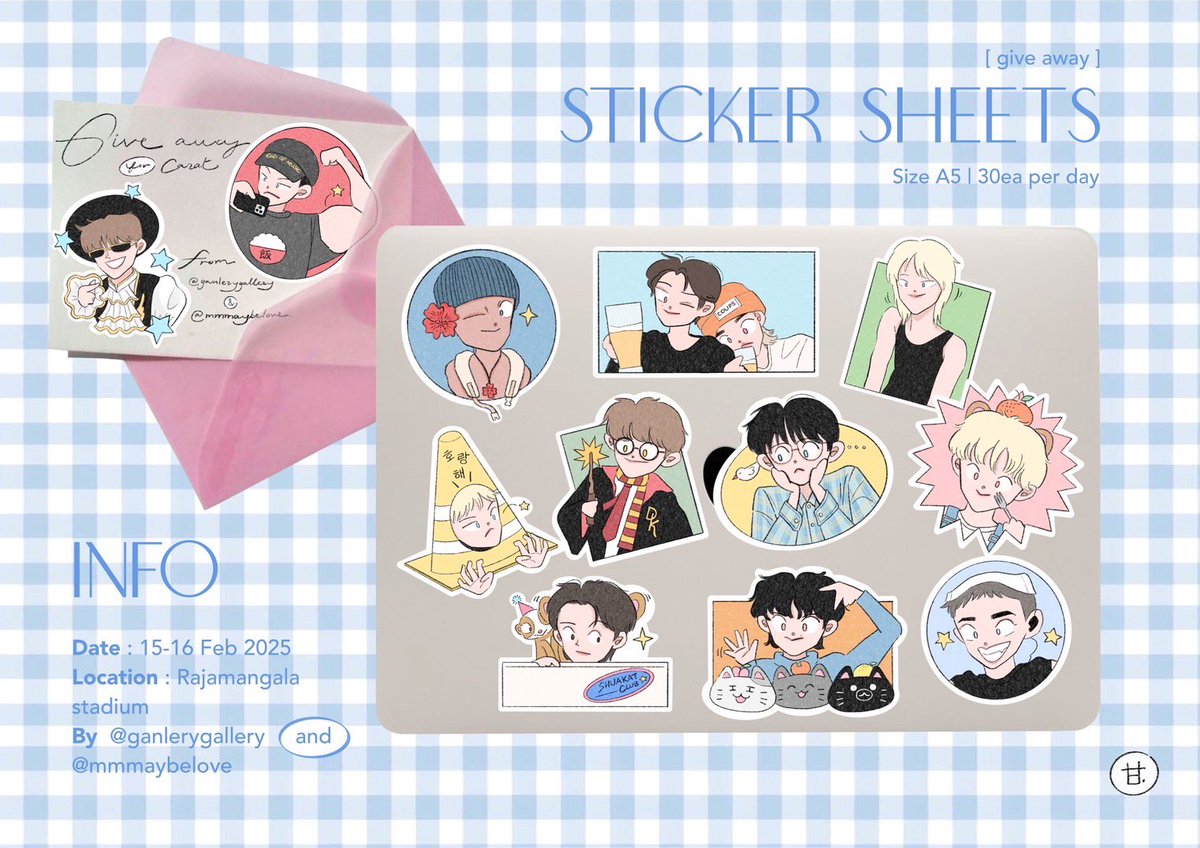 [ 𝗚𝗶𝘃𝗲𝗮𝘄𝗮𝘆 ]

Sticker Sheets | 30ea per day 
📅 15.02.25
📌 Rajamangala National Stadium
🕐 TBA

artwork by <a href="/ganlerygallery/">Gānlery🕯️</a>
production by <a href="/mmmaybelove/">วนิดา 🐾 =^･ｪ･^=</a>

#SEVENTEEN_RIGHT_HERE_IN_BKK
#SEVENTEENTH2025 
#SVT_RIGHT_HERE_IN_BANGKOK
#กะรัตพระเวสสันดร