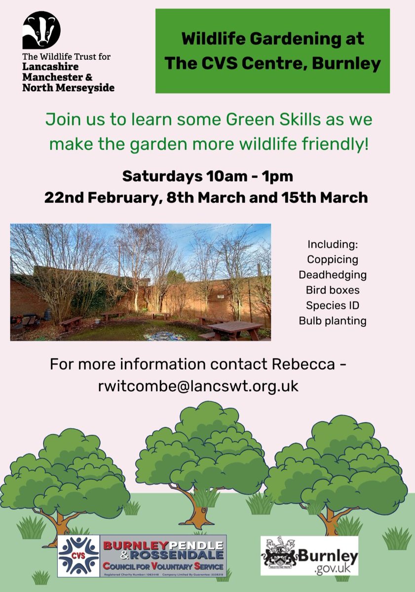 Due to interest from people who couldn't make our #BurnleyWorkingWild mid-week sessions, we now have 3 Saturday dates.
Get in touch if you want to learn some #greenskills, earn accreditation &amp; take #actionsfornature. All while making The CVS Centre garden more Wildlife friendly.