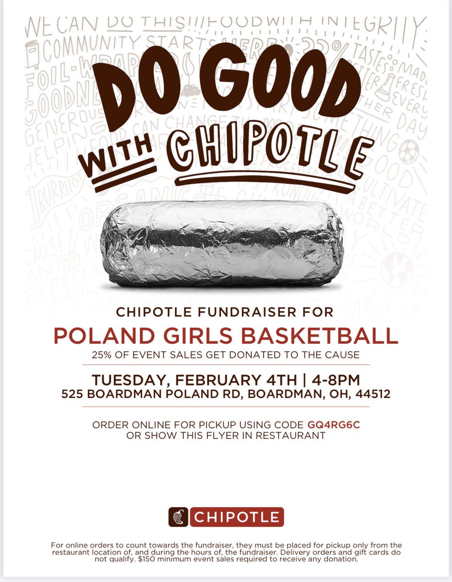 A great reason  to go to Chipotle <a href="/Poland_G_Hoops/">Poland Girl's Hoops</a> <a href="/PolandAthletics/">PSHS Athletics</a> <a href="/polandrasslin/">Poland Seminary Wrestling</a> <a href="/poland_boys/">Poland Boys Basketball</a> <a href="/bdog4ever/">Poland Seminary</a> <a href="/SoccerPoland/">PolandSeminarySoccer</a> <a href="/PolandFD/">Poland Fire District</a> <a href="/CoachFender21/">Coach Fender</a> <a href="/coachpavlansky/">Coach Pav</a>